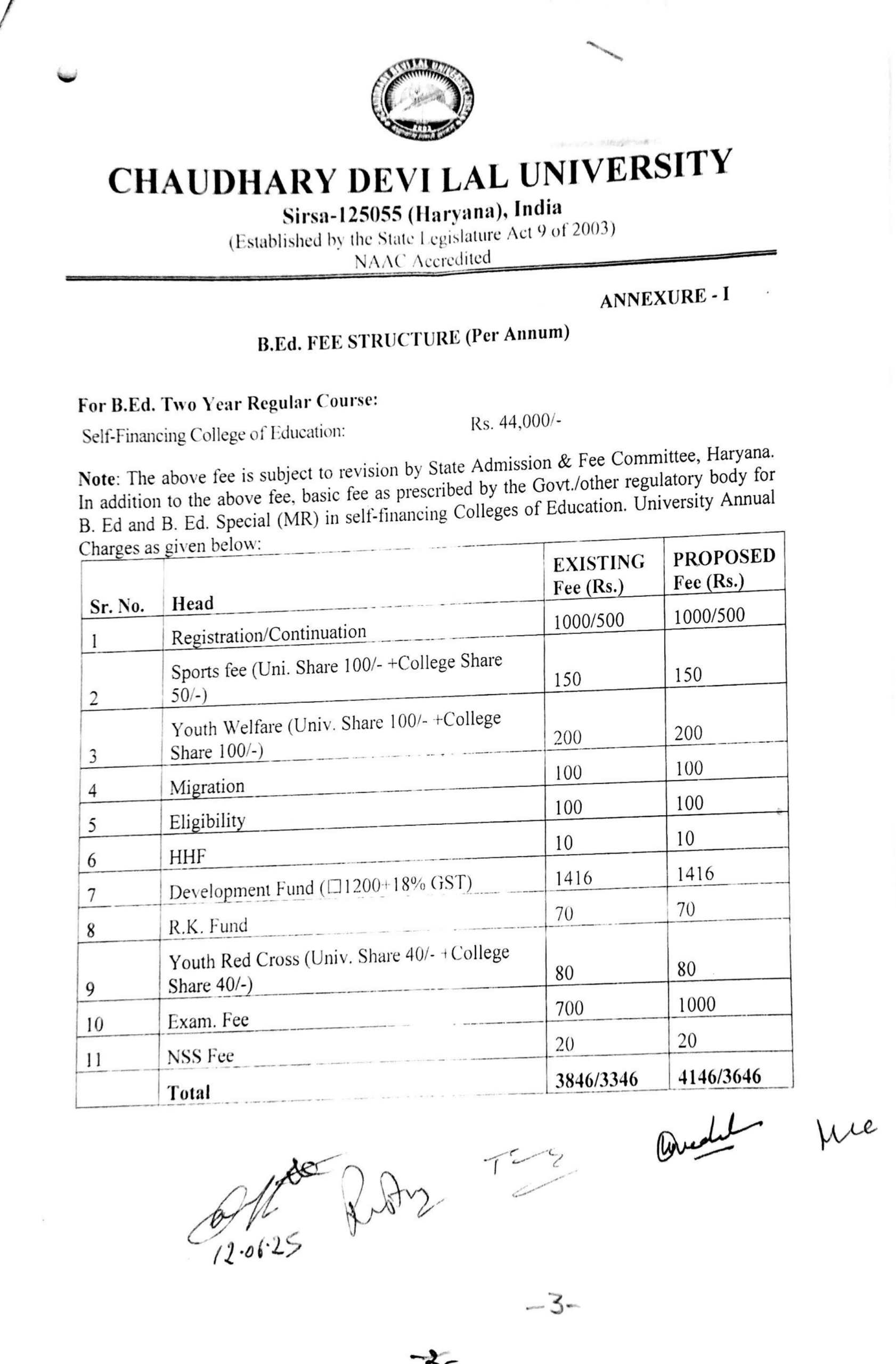 Fee Structure B.Ed
